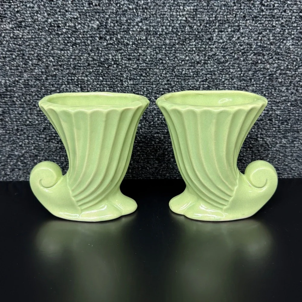 Vintage Green Ceramic Cornucopia Vase Set Mid Century Ribbed Scrolled Planter